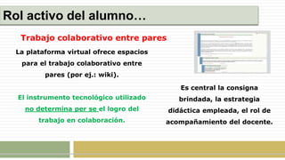 Rol activo del alumno…
Trabajo colaborativo entre pares
La plataforma virtual ofrece espacios
para el trabajo colaborativo entre
pares (por ej.: wiki).
El instrumento tecnológico utilizado
no determina per se el logro del
trabajo en colaboración.
Es central la consigna
brindada, la estrategia
didáctica empleada, el rol de
acompañamiento del docente.
 