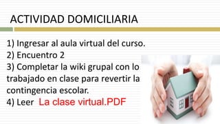 ACTIVIDAD DOMICILIARIA
1) Ingresar al aula virtual del curso.
2) Encuentro 2
3) Completar la wiki grupal con lo
trabajado en clase para revertir la
contingencia escolar.
4) Leer La clase virtual.PDF
 