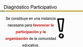 Diagnóstico Participativo
Se constituye en una instancia
necesaria para favorecer la
participación y la
organización de la comunidad
educativa.
 