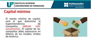 El monto mínimo de capital,
será el que determine la
Superintendencia de
Compañías. (800,00 USD
actualmente). El capital de las
compañías debe expresarse en
dólares de los Estados Unidos
de América.
Capital mínimo
 