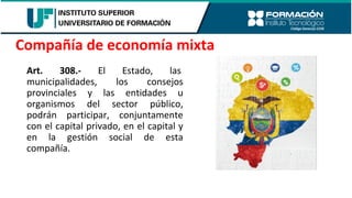 Art. 308.- El Estado, las
municipalidades, los consejos
provinciales y las entidades u
organismos del sector público,
podrán participar, conjuntamente
con el capital privado, en el capital y
en la gestión social de esta
compañía.
Compañía de economía mixta
 