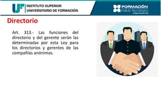 Art. 313.- Las funciones del
directorio y del gerente serán las
determinadas por esta Ley para
los directorios y gerentes de las
compañías anónimas.
Directorio
 