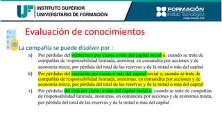 Evaluación de conocimientos
La compañía se puede disolver por :
a) Por pérdidas del veinticinco por ciento o más del capital social o, cuando se trate de
compañías de responsabilidad limitada, anónima, en comandita por acciones y de
economía mixta, por pérdida del total de las reservas y de la mitad o más del capital
b) Por pérdidas del cincuenta por ciento o más del capital social o, cuando se trate de
compañías de responsabilidad limitada, anónimas, en comandita por acciones y de
economía mixta, por pérdida del total de las reservas y de la mitad o más del capital
c) Por pérdidas del cien por ciento o más del capital social o, cuando se trate de compañías
de responsabilidad limitada, anónimas, en comandita por acciones y de economía mixta,
por pérdida del total de las reservas y de la mitad o más del capital
 