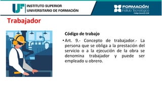 Código de trabajo
•Art. 9.- Concepto de trabajador.- La
persona que se obliga a la prestación del
servicio o a la ejecución de la obra se
denomina trabajador y puede ser
empleado u obrero.
Trabajador
 