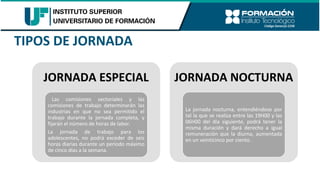 TIPOS DE JORNADA
JORNADA ESPECIAL
Las comisiones sectoriales y las
comisiones de trabajo determinarán las
industrias en que no sea permitido el
trabajo durante la jornada completa, y
fijarán el número de horas de labor.
La jornada de trabajo para los
adolescentes, no podrá exceder de seis
horas diarias durante un período máximo
de cinco días a la semana.
JORNADA NOCTURNA
La jornada nocturna, entendiéndose por
tal la que se realiza entre las 19H00 y las
06H00 del día siguiente, podrá tener la
misma duración y dará derecho a igual
remuneración que la diurna, aumentada
en un veinticinco por ciento.
 