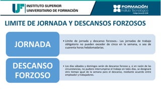 LIMITE DE JORNADA Y DESCANSOS FORZOSOS
• Límite de jornada y descanso forzosos.- Las jornadas de trabajo
obligatorio no pueden exceder de cinco en la semana, o sea de
cuarenta horas hebdomadarias.
JORNADA
• Los días sábados y domingos serán de descanso forzoso y, si en razón de las
circunstancias, no pudiere interrumpirse el trabajo en tales días, se designará
otro tiempo igual de la semana para el descanso, mediante acuerdo entre
empleador y trabajadores.
DESCANSO
FORZOSO
 