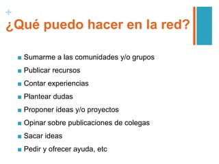 +
¿Qué puedo hacer en la red?
■ Sumarme a las comunidades y/o grupos
■ Publicar recursos
■ Contar experiencias
■ Plantear dudas
■ Proponer ideas y/o proyectos
■ Opinar sobre publicaciones de colegas
■ Sacar ideas
■ Pedir y ofrecer ayuda, etc
 
