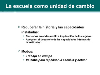 La escuela como unidad de cambio Recuperar la historia y las capacidades instaladas:   Centrados en el desarrollo e implicación de los sujetos. Apoyo en el desarrollo de las capacidades internas de la institución. Modos:   Trabajo en equipo Valentía para repensar la escuela y actuar. 