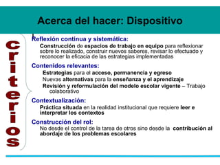Acerca del hacer: Dispositivo Reflexión continua y sistemática :   Construcción  de  espacios de trabajo en equipo  para reflexionar sobre lo realizado, construir nuevos saberes, revisar lo efectuado y reconocer la eficacia de las estrategias implementadas Contenidos relevantes:   Estrategias  para el  acceso, permanencia y egreso Nuevas  alternativas  para la  enseñanza y el aprendizaje Revisión y reformulación del modelo escolar vigente  – Trabajo colaborativo   Contextualización:   Práctica situada  en la realidad institucional que requiere  leer e interpretar los contextos Construcción del rol:   No desde el control de la tarea de otros sino desde la  contribución al abordaje de los problemas escolares   criterios 