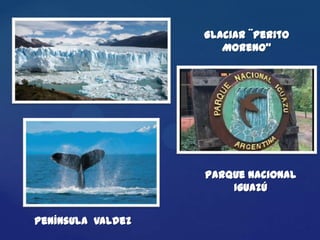 Glaciar ¨Perito
                      Moreno”




                   Parque Nacional
                       Iguazú


Península Valdez
 