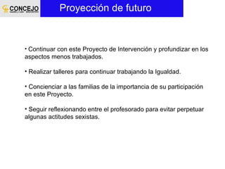 Continuar con este Proyecto de Intervención y profundizar en los aspectos menos trabajados. Realizar talleres para continuar trabajando la Igualdad. Concienciar a las familias de la importancia de su participación en este Proyecto. Seguir reflexionando entre el profesorado para evitar perpetuar algunas actitudes sexistas. Proyección de futuro  