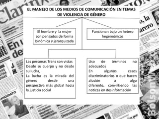 EL MANEJO DE LOS MEDIOS DE COMUNICACIÓN EN TEMAS DE VIOLENCIA DE GÉNEROEl hombre y  la mujer son pensados de forma binómica y jerarquizadaFuncionan bajo un hetero hegemónicosUso de términos no adecuadosEn algunos casos discriminatorios o que hacen alusión a algo diferente, convirtiendo las noticas en desinformaciónLas personas Trans son vistasDesde su cuerpo y no desde su lucha,La lucha es la mirada del género desde una perspectiva más global hacia la justicia social