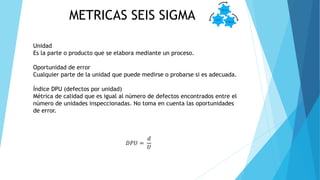 METRICAS SEIS SIGMA
Unidad
Es la parte o producto que se elabora mediante un proceso.
Oportunidad de error
Cualquier parte de la unidad que puede medirse o probarse si es adecuada.
Índice DPU (defectos por unidad)
Métrica de calidad que es igual al número de defectos encontrados entre el
número de unidades inspeccionadas. No toma en cuenta las oportunidades
de error.
𝐷𝑃𝑈 =
𝑑
𝑈
 