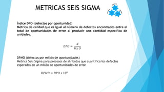METRICAS SEIS SIGMA
Índice DPO (defectos por oportunidad)
Métrica de calidad que es igual al número de defectos encontrados entre el
total de oportunidades de error al producir una cantidad específica de
unidades.
𝐷𝑃𝑂 =
𝑑
𝑈𝑥 𝑂
DPMO (defectos por millón de oportunidades)
Métrica Seis Sigma para procesos de atributos que cuantifica los defectos
esperados en un millón de oportunidades de error.
𝐷𝑃𝑀𝑂 = 𝐷𝑃𝑂 𝑥 106
 