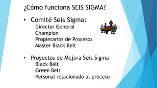 ¿Cómo funciona SEIS SIGMA?
• Comité Seis Sigma:
Director General
Champion
Propietarios de Procesos
Master Black Belt
• Proyectos de Mejora Seis Sigma
Black Belt
Green Belt
Personal relacionado al proceso
 