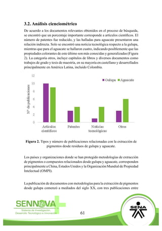 61
3.2. Análisis cienciométrico
De acuerdo a los documentos relevantes obtenidos en el proceso de búsqueda,
se encontró que un porcentaje importante corresponde a artículos científicos. El
número de patentes fue reducido, y las halladas para aguacate presentaron una
relación indirecta. Solo se encontró una noticia tecnológica respecto a la gulupa,
mientras que para el aguacate se hallaron cuatro, indicando posiblemente que las
propiedades colorantes de este último son más conocidas y generalizadas (Figura
2). La categoría otros, incluye capítulos de libros y diversos documentos como
trabajos de grado y tesis de maestría, en su mayoría en castellano y desarrollados
principalmente en América Latina, incluido Colombia.
Figura 2. Tipos y número de publicaciones relacionadas con la extracción de
pigmentos desde residuos de gulupa y aguacate.
Los países y organizaciones donde se han protegido metodologías de extracción
de pigmentos o compuestos relacionados desde gulupa y aguacate, corresponden
principalmente a China, Estados Unidos y la Organización Mundial de Propiedad
Intelectual (OMPI).
La publicación de documentos con metodologías para la extracción de pigmentos
desde gulupa comenzó a mediados del siglo XX, con tres publicaciones entre
 