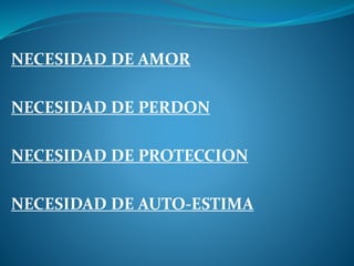 NECESIDAD DE AMOR
NECESIDAD DE PERDON
NECESIDAD DE PROTECCION
NECESIDAD DE AUTO-ESTIMA
 