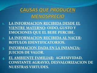 1. LA INFORMACION RECIBIDA DESDE EL
VIENTRE MATERNO: OIDO, GUSTO Y
EMOCIONES QUE EL BEBE PERCIBE.
2. LA INFORMACION RECIBIDA AL NACER:
ROTULOS IDENTIFICATORIOS.
3. INFORMACION DADA EN LA INFANCIA:
JUICIOS DE VALOR.
4. EL AMBIENTE FAMILIAR: AGRESIVIDAD,
CONSTANTE AGRAVIO, DESVALORIZACION DE
NUESTRAS VIRTUDES.
 