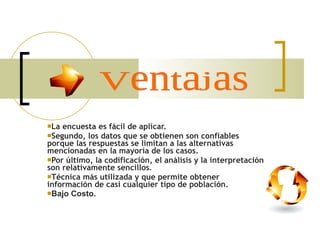 La encuesta es fácil de aplicar.  Segundo, los datos que se obtienen son confiables porque las respuestas se limitan a las alternativas mencionadas en la mayoría de los casos.  Por último, la codificación, el análisis y la interpretación son relativamente sencillos . Técnica más utilizada y que permite obtener información de casi cualquier tipo de población. Bajo Costo. Ventajas 