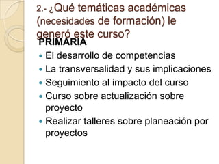 2.- ¿Qué temáticas académicas (necesidades de formación) le generó este curso? PRIMARIAEl desarrollo de competenciasLa transversalidad y sus implicacionesSeguimiento al impacto del cursoCurso sobre actualización sobre proyectoRealizar talleres sobre planeación por proyectos