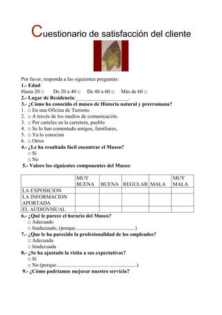 Cuestionario de satisfacción del cliente

Por favor, responda a las siguientes preguntas:
1.- Edad:
Hasta 20 □     De 20 a 40 □ De 40 a 60 □ Más de 60 □
2.- Lugar de Residencia:____________________.
3.- ¿Cómo ha conocido el museo de Historia natural y prerromana?
1. □ En una Oficina de Turismo.
2. □ A través de los medios de comunicación.
3. □ Por carteles en la carretera, pueblo
4. □ Se lo han comentado amigos, familiares,
5. □ Ya lo conocían
6. □ Otros
4.- ¿Le ha resultado fácil encontrar el Museo?
    □ Sí
    □ No
5.- Valore los siguientes componentes del Museo:

                                MUY                                               MUY
                                BUENA         BUENA REGULAR MALA                  MALA
LA EXPOSICION
LA INFORMACION
APORTADA
EL AUDIOVISUAL
6.- ¿Qué le parece el horario del Museo?
    □ Adecuado
    □ Inadecuado, (porque..............................................)
7.- ¿Que le ha parecido la profesionalidad de los empleados?
    □ Adecuada
    □ Inadecuada
8.- ¿Se ha ajustado la visita a sus expectativas?
    □ Sí
    □ No (porque..............................................................)
9.- ¿Cómo podríamos mejorar nuestro servicio?
 