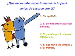 1. Su apellido. 2. Si se emborrachaba con cerveza. 3. Si ganaba por lo menos $800 al año. 4. Si dijo NO a las drogas y SI al trabajo.   ¿Qué necesitaba saber tu mamá de tu papá  antes de casarse con él? 