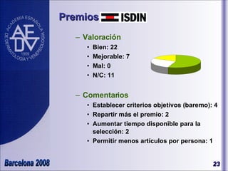 Premios Valoración Bien: 22 Mejorable: 7 Mal: 0 N/C: 11 Comentarios Establecer criterios objetivos (baremo): 4 Repartir más el premio: 2 Aumentar tiempo disponible para la selección: 2 Permitir menos artículos por persona: 1 