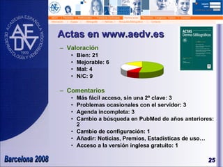 Actas en www.aedv.es Valoración Bien: 21 Mejorable: 6 Mal: 4 N/C: 9 Comentarios Más fácil acceso, sin una 2ª clave: 3 Problemas ocasionales con el servidor: 3 Agenda incompleta: 3 Cambio a búsqueda en PubMed de años anteriores: 2 Cambio de configuración: 1 Añadir: Noticias, Premios, Estadísticas de uso… Acceso a la versión inglesa gratuito: 1 
