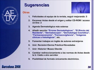 Sugerencias Otras Felicidades al equipo de la revista, seguir mejorando: 5 Escanear Actas desde el origen y editar CD-ROM / acceso on-line: 2 Agenda Dermatológica más extensa Añadir sección  “Errores Dermatológicos”, “El Rincón del Residente”, “Dermatoscopia”, “Dermatología Cosmética”, “Farmacoeconomía”, “Farmacovigilancia”, “Imágenes clínicas e histológicas”,  etc. Fomentar trabajos en inglés de autores extranjeros Unir: Revisión+Derma Práctica+Novedades Unir: Historia+ Museo Olavide Cambiar redireccionamiento a las normas de Actas desde la U. Cádiz a otro servidor Posibilidad de formato únicamente electrónico.  