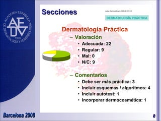 Dermatología Práctica Valoración Adecuada: 22 Regular: 9 Mal: 0 N/C: 9 Comentarios Debe ser más práctica: 3 Incluir esquemas / algoritmos: 4 Incluir autotest: 1 Incorporar dermocosmética: 1 Secciones 