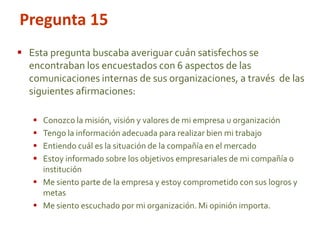  Esta pregunta buscaba averiguar cuán satisfechos se
encontraban los encuestados con 6 aspectos de las
comunicaciones internas de sus organizaciones, a través de las
siguientes afirmaciones:
 Conozco la misión, visión y valores de mi empresa u organización
 Tengo la información adecuada para realizar bien mi trabajo
 Entiendo cuál es la situación de la compañía en el mercado
 Estoy informado sobre los objetivos empresariales de mi compañía o
institución
 Me siento parte de la empresa y estoy comprometido con sus logros y
metas
 Me siento escuchado por mi organización. Mi opinión importa.
Pregunta 15
 