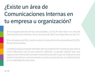 Pág. 34
¿Existe un área de
Comunicaciones Internas en
tu empresa u organización?
En las organizaciones de los encuestados, un 65,3% dice tener un área de
Comunicaciones Internas. En la encuesta de 2013 correspondía a un 81,7%.
Sisecomparacon2012,existeunalza.Eneseañolacifraalcanzabaal58,59%
de los encuestados.
La drástica baja se puede entender por la composición muestral, que marca
cierta diferencia con el año anterior. Además, se puede explicar por una
repercusión interna del contexto económico actual, lo que se traduce en una
menor inversión en comunicaciones y, como consecuencia, una disminución
en la visibilidad de esta área.	
 
