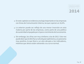 Pág. 37
RESULTADOS 3ᵃ ENCUESTA
COMUNICACIONES
INTERNAS, CHILE
2014
Enestecapítuloseevidenciaunabajaimportanteenlasempresas
con Áreas de Comunicación Interna, las que cayeron un 16,4%.
Lo anterior puede ser reflejo de una menor inversión en esta
materia por parte de las empresas, como parte de una política
de austeridad empujada por el poco crecimiento de la economía.
Sin embargo, las cifras son muy similares a las de 2012. Esto nos
puededecirqueel2013fueunañodegranoptimismoyunpanorama
muy positivo, lo que llevó a un alza abrupta a los indicadores,
mientras que ahora están volviendo a su curva normal.
→
→
→
 