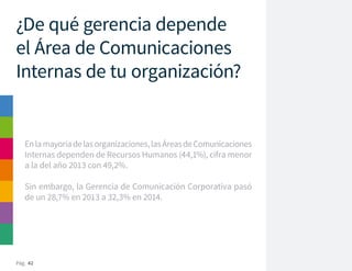 Pág. 42
¿De qué gerencia depende
el Área de Comunicaciones
Internas de tu organización?
Enlamayoríadelasorganizaciones,lasÁreasdeComunicaciones
Internas dependen de Recursos Humanos (44,1%), cifra menor
a la del año 2013 con 49,2%.
Sin embargo, la Gerencia de Comunicación Corporativa pasó
de un 28,7% en 2013 a 32,3% en 2014.
 
