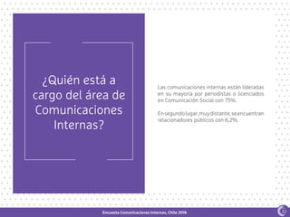 Encuesta Comunicaciones Internas, Chile 2016
¿Quién está a
cargo del área de
Comunicaciones
Internas?
Las comunicaciones internas están lideradas
en su mayoría por periodistas o licenciados
en Comunicación Social con 75%.
Ensegundolugar,muydistante,seencuentran
relacionadores públicos con 6,2%.
32
 
