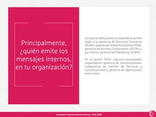 Encuesta Comunicaciones Internas, Chile 2016
Principalmente,
¿quién emite los
mensajes internos,
en tu organización?
La vocería institucional corresponde en primer
lugar a la gerencia de Recursos Humanos
(55,9%), seguido por la Gerencia General (55%),
gerencia de Asuntos Corporativos (20,7%) y,
por último, gerencia de Marketing (10,8%).
En la opción “Otra”, algunos encuestados
respondieron gerencia de Comunicaciones,
subgerencia de Gestión de Personas y
Comunicaciones y gerencia de Operaciones,
entre otras.
44
 