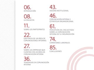 06.
08.
22.
27.
11.
36.
43.
46.
61.
74.
85.
INTRODUCCIÓN
LA ENCUESTA
EXISTENCIA DE UN ÁREA DE
COMUNICACIONES INTERNAS
SOBRE LAS EMPRESAS QUE
CUENTAN CON UN ÁREA DE
COMUNICACIÓN INTERNA
SOBRE LOS PARTICIPANTES
TENDENCIAS EN COMUNICACIÓN
INTERNA
VOCERÍA INSTITUCIONAL
COMUNICACIÓN INTERNA Y
ESTRATEGIA ORGANIZACIONAL
PERCEPCIÓN DEL ENCUESTADO
SOBRE LA COMUNICACIÓN
INTERNA DE SU ORGANIZACIÓN
CONDICIONES LABORALES
CONCLUSIONES
 