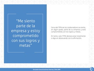 Encuesta Comunicaciones Internas, Chile 2016
“Me siento
parte de la
empresa y estoy
comprometido
con sus logros y
metas”
Cerca del 70% de los colaboradores se siente,
en algún grado, parte de su empresa y está
comprometido con los logros y metas.
En tanto, solo 17,1% declara estar totalmente
o algo en desacuerdo con la afirmación.
70
 