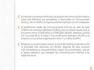 Enrelaciónaquienesconformanlosequiposdecomunicacióninterna,
éstos son liderados por periodistas o licenciados en Comunicación
Socialy,conun33,4%,lamayoríaestáformadoporunsolotrabajador.
El profesional medio de Comunicaciones Internas es Jefe de Área
(27,6%) con contrato indefinido (75,6%) y con un salario líquido que se
encuentra entre $1.000.0001 a $1.500.000 (26,4%). Además, puntúa
con una nota de un 6 sobre 7 sus condiciones laborales (35,3%) y se
proyecta en su actual organización entre 1 y 4 años (52,4%).
Respecto a sus principales tareas, el envío de mailing se percibe como
la actividad más relevante con 85,8%. Dejando de lado acciones
más estratégicas y concentrándose, según los encuestados, solo en
el apoyo operativo que entregan las comunicaciones internas a las
organizaciones.
87
 