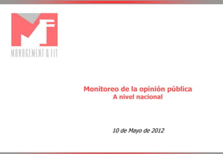 Monitoreo de la opinión pública
A nivel nacional
10 de Mayo de 2012
 