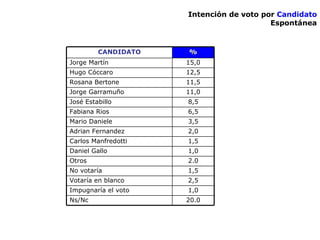 Intención de voto por  Candidato Espontánea 1,5 No votaría 1,0 Daniel Gallo 1,5 Carlos Manfredotti 2,0 Adrian Fernandez 3,5 Mario Daniele 2.0 Otros 6,5 Fabiana Rios 8,5 José Estabillo 11,0 Jorge Garramuño 20.0 Ns/Nc 1,0 Impugnaría el voto 2,5 Votaría en blanco 12,5 Hugo Cóccaro 11,5 Rosana Bertone % CANDIDATO 15,0 Jorge Martín 
