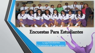 Encuestas Para Estudiantes
1, 534 Estudiantes
Encuestados de 3,194 aprox.
 