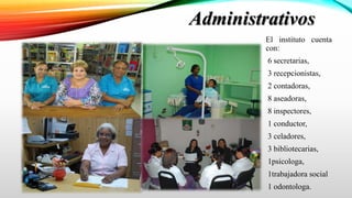 Administrativos
El instituto cuenta
con:
6 secretarias,
3 recepcionistas,
2 contadoras,
8 aseadoras,
8 inspectores,
1 conductor,
3 celadores,
3 bibliotecarias,
1psicologa,
1trabajadora social
1 odontologa.
 