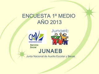 ENCUESTA 1º MEDIO
    AÑO 2013



    Servicio
    Social

               JUNAEB
 Junta Nacional de Auxilio Escolar y Becas
 
