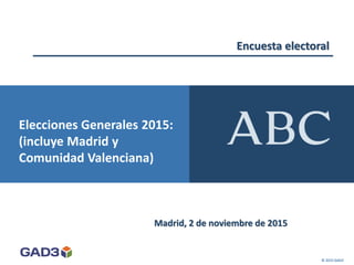 Encuesta electoral
Madrid, 2 de noviembre de 2015
© 2015 GAD3
Elecciones Generales 2015:
(incluye Madrid y
Comunidad Valenciana)
 