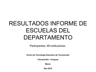RESULTADOS INFORME DE ESCUELAS DEL DEPARTAMENTO Participantes: 49 instituciones. Centro de Tecnología Educativa de Tacuarembó Tacuarembó – Uruguay Marzo Año 2010 