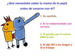 1. Su apellido.
2. Si se emborrachaba con
cerveza.
3. Si ganaba por lo menos
$800 al año.
4. Si dijo NO a las drogas y
SI ...