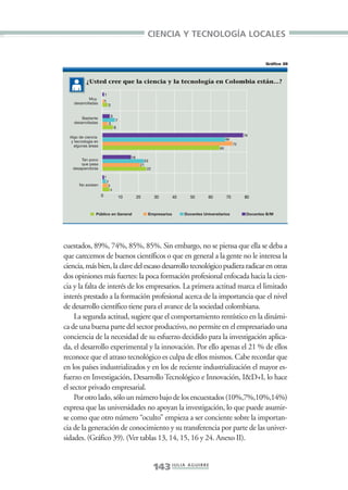 Libro/Imaginario/4parte•         6/20/05                        4:31 PM            Página 143




                                                                          CIENCIA Y TECNOLOGÍA LOCALES


                                                                                                                                       Gráfico 38



                            ¿Usted cree que la ciencia y la tecnología en Colombia están...?

                                          1
                              Muy
                     desarrolladas        1
                                              3

                                                   3
                         Bastante
                                                       7
                     desarrolladas             3
                                                       6
                                                                                                                              78
                   Algo de ciencia
                                                                                                                    68
                    y tecnología en
                                                                                                                         72
                     algunas áreas
                                                                                                               65

                                                                16
                        Tan poco                                        23
                        que pasa                                      21
                    desapercibida                                        22

                                          1
                                              2
                        No existen             3
                                                   4
                                      0                    10        20       30        40      50       60         70        80


                                 Público en General                       Empresarios        Docentes Universitarios           Docentes B/M




                 cuestados, 89%, 74%, 85%, 85%. Sin embargo, no se piensa que ella se deba a
                 que carecemos de buenos científicos o que en general a la gente no le interesa la
                 ciencia, más bien, la clave del escaso desarrollo tecnológico pudiera radicar en otras
                 dos opiniones más fuertes: la poca formación profesional enfocada hacia la cien-
                 cia y la falta de interés de los empresarios. La primera actitud marca el limitado
                 interés prestado a la formación profesional acerca de la importancia que el nivel
                 de desarrollo científico tiene para el avance de la sociedad colombiana.
                      La segunda actitud, sugiere que el comportamiento rentístico en la dinámi-
                 ca de una buena parte del sector productivo, no permite en el empresariado una
                 conciencia de la necesidad de su esfuerzo decidido para la investigación aplica-
                 da, el desarrollo experimental y la innovación. Por ello apenas el 21 % de ellos
                 reconoce que el atraso tecnológico es culpa de ellos mismos. Cabe recordar que
                 en los países industrializados y en los de reciente industrialización el mayor es-
                 fuerzo en Investigación, Desarrollo Tecnológico e Innovación, I&D+I, lo hace
                 el sector privado empresarial.
                      Por otro lado, sólo un número bajo de los encuestados (10%,7%,10%,14%)
                 expresa que las universidades no apoyan la investigación, lo que puede asumir-
                 se como que otro número “oculto” empieza a ser conciente sobre la importan-
                 cia de la generación de conocimiento y su transferencia por parte de las univer-
                 sidades. (Gráfico 39). (Ver tablas 13, 14, 15, 16 y 24. Anexo II).


                                                                              143 J U L I A A G U I R R E
 