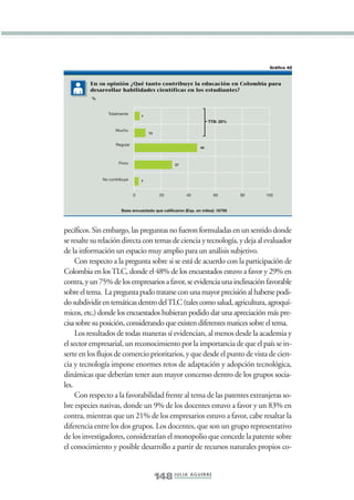 Libro/Imaginario/4parte•       6/20/05          4:31 PM             Página 148




                                                                                                        Gráfico 42


                           En su opinión ¿Qué tanto contribuye la educación en Colombia para
                           desarrollar habilidades científicas en los estudiantes?
                           %


                                  Totalmente
                                                    7
                                                                                       TTB: 20%

                                      Mucho
                                                        13


                                      Regular
                                                                                  46



                                        Poco                          27



                                No contribuye       7



                                                0              20           40             60     80   100


                                         Base encuestado que calificaron (Exp. en miles): 18795




                 pecíficos. Sin embargo, las preguntas no fueron formuladas en un sentido donde
                 se resalte su relación directa con temas de ciencia y tecnología, y deja al evaluador
                 de la información un espacio muy amplio para un análisis subjetivo.
                      Con respecto a la pregunta sobre si se está de acuerdo con la participación de
                 Colombia en los TLC, donde el 48% de los encuestados estuvo a favor y 29% en
                 contra, y un 75% de los empresarios a favor, se evidencia una inclinación favorable
                 sobre el tema. La pregunta pudo tratarse con una mayor precisión al haberse podi-
                 do subdividir en temáticas dentro del TLC (tales como salud, agricultura, agroquí-
                 micos, etc.) donde los encuestados hubieran podido dar una apreciación más pre-
                 cisa sobre su posición, considerando que existen diferentes matices sobre el tema.
                      Los resultados de todas maneras sí evidencian, al menos desde la academia y
                 el sector empresarial, un reconocimiento por la importancia de que el país se in-
                 serte en los flujos de comercio prioritarios, y que desde el punto de vista de cien-
                 cia y tecnología impone enormes retos de adaptación y adopción tecnológica,
                 dinámicas que deberían tener aun mayor concenso dentro de los grupos socia-
                 les.
                      Con respecto a la favorabilidad frente al tema de las patentes extranjeras so-
                 bre especies nativas, donde un 9% de los docentes estuvo a favor y un 83% en
                 contra, mientras que un 21% de los empresarios estuvo a favor, cabe resaltar la
                 diferencia entre los dos grupos. Los docentes, que son un grupo representativo
                 de los investigadores, considerarían el monopolio que concede la patente sobre
                 el conocimiento y posible desarrollo a partir de recursos naturales propios co-


                                                             148 J U L I A A G U I R R E
 