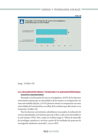 Libro/Imaginario/4parte•          6/20/05            4:31 PM      Página 163




                                                          CIENCIA Y TECNOLOGÍA LOCALES

                                                                                                            Gráfico 55



                              Pensando en la formación de nuevos investigadores,
                              usted diría que su Universidad




                        En comparación con otras
                       universidades del país es…
                                                                                                  63




                          En comparación con otras
                  universidad de Latinoamérica es…
                                                                                   41



                                                     0   20         30        40        50   60        70




                 Juego. (Gráfico 53)


                 4.3.2. RELACIÓN ENTRE CIENCIA Y TECNOLOGÍA Y EL QUEHACER PROFESIONAL:
                     DOCENTES UNIVERSITARIOS
                     Pensando en la formación de nuevos investigadores, el 63% de los docentes
                 universitarios opinan que su universidad es de las mejores, en comparación con
                 otras universidades del país, y el 41% piensa lo mismo en comparación con otras
                 universidades de Latinoamérica, un reflejo de la confianza que ellos tienen en su
                 institución. (Gráfico 54)
                     Para los docentes universitarios colombianos encuestados, la realización de
                 eventos especializados es la iniciativa que más se lleva a cabo en la universidad en
                 la cual enseñan (70%). Pero, resalta en el último lugar la “Oferta de desarrollo
                 de tecnologías, productos y servicios a partir de los resultados de proyectos de
                 investigación totalmente nacionales”, con un 36%.


                                                              163 J U L I A A G U I R R E
 